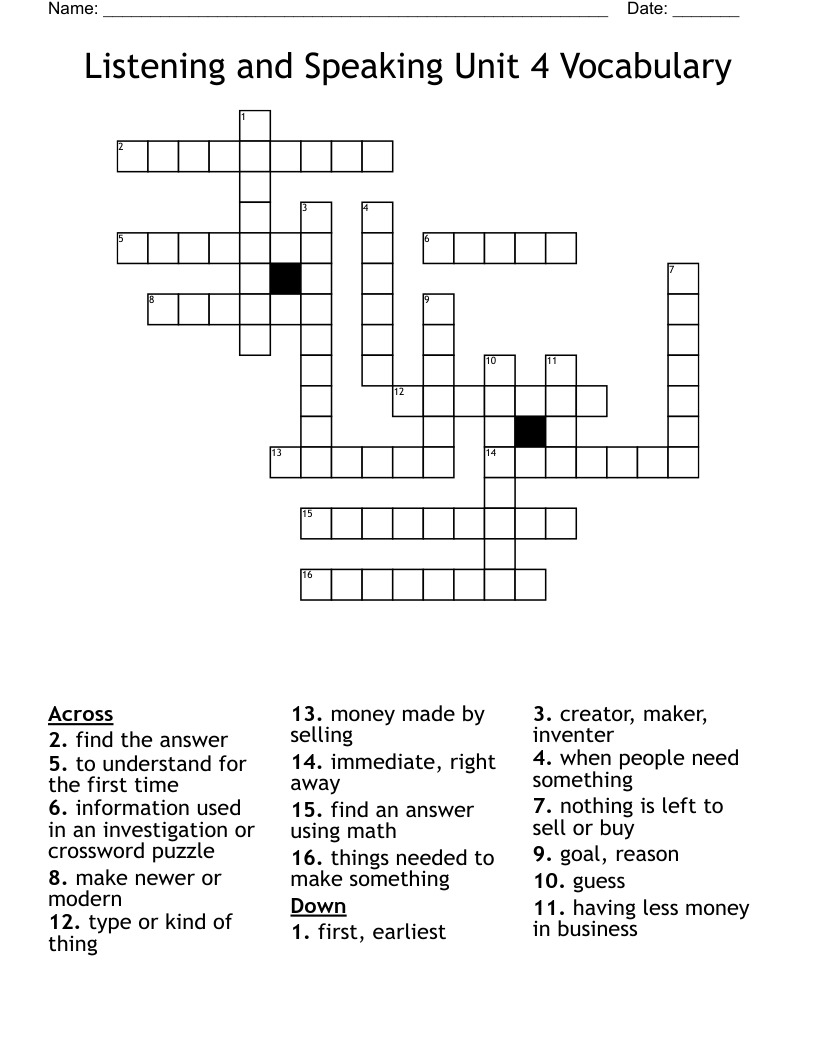 Listening and Speaking Unit 4 Vocabulary Crossword