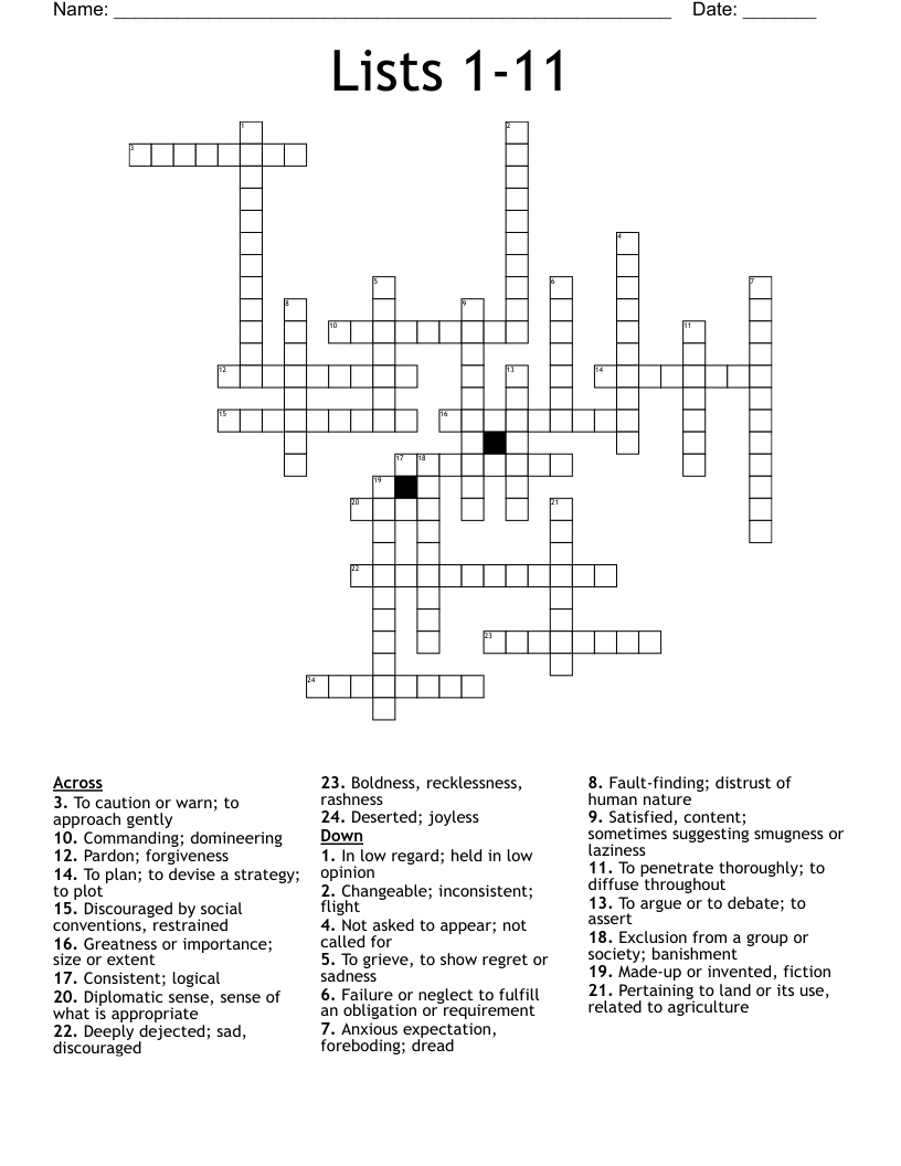 Lists 1-11 Crossword