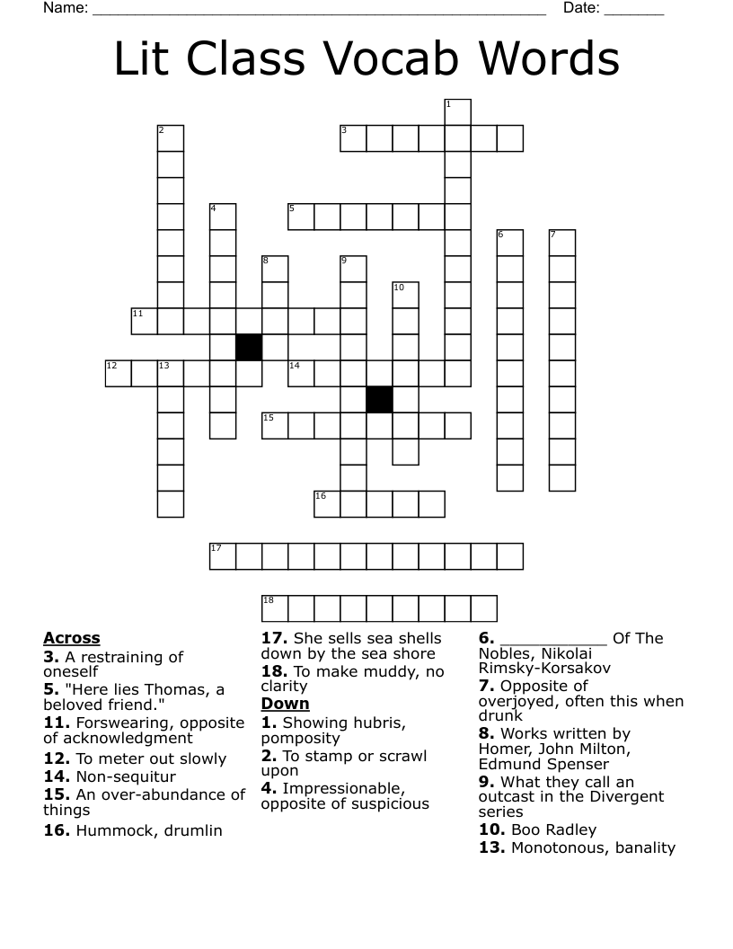 Lit Class Vocab Words Crossword