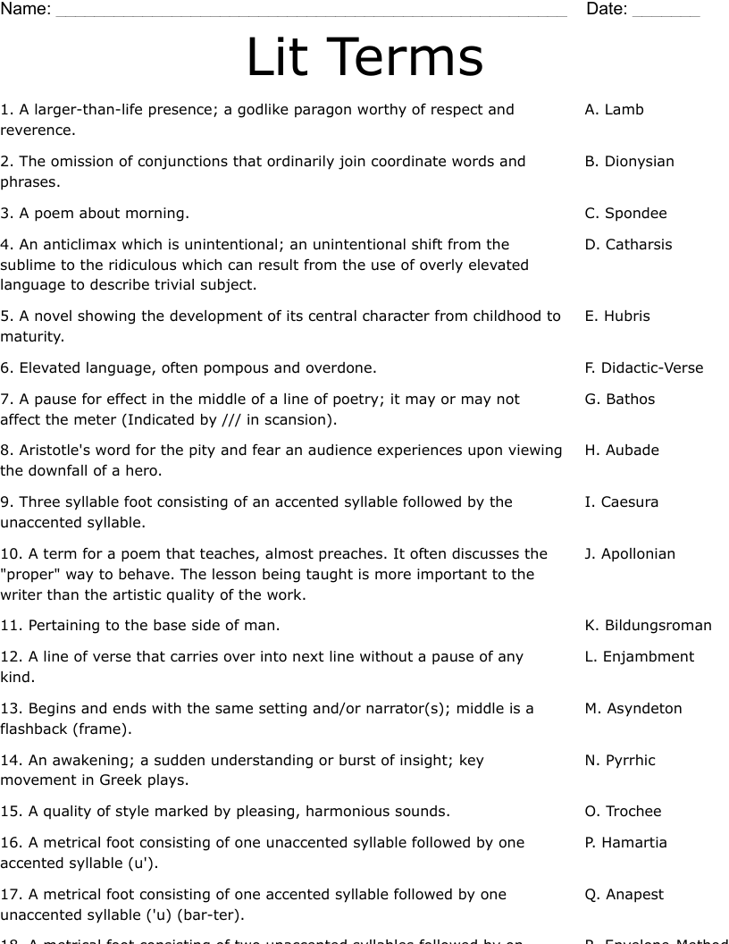 Lit Terms Worksheet