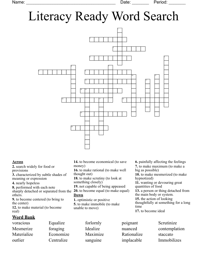 Literacy Ready Word Search Crossword