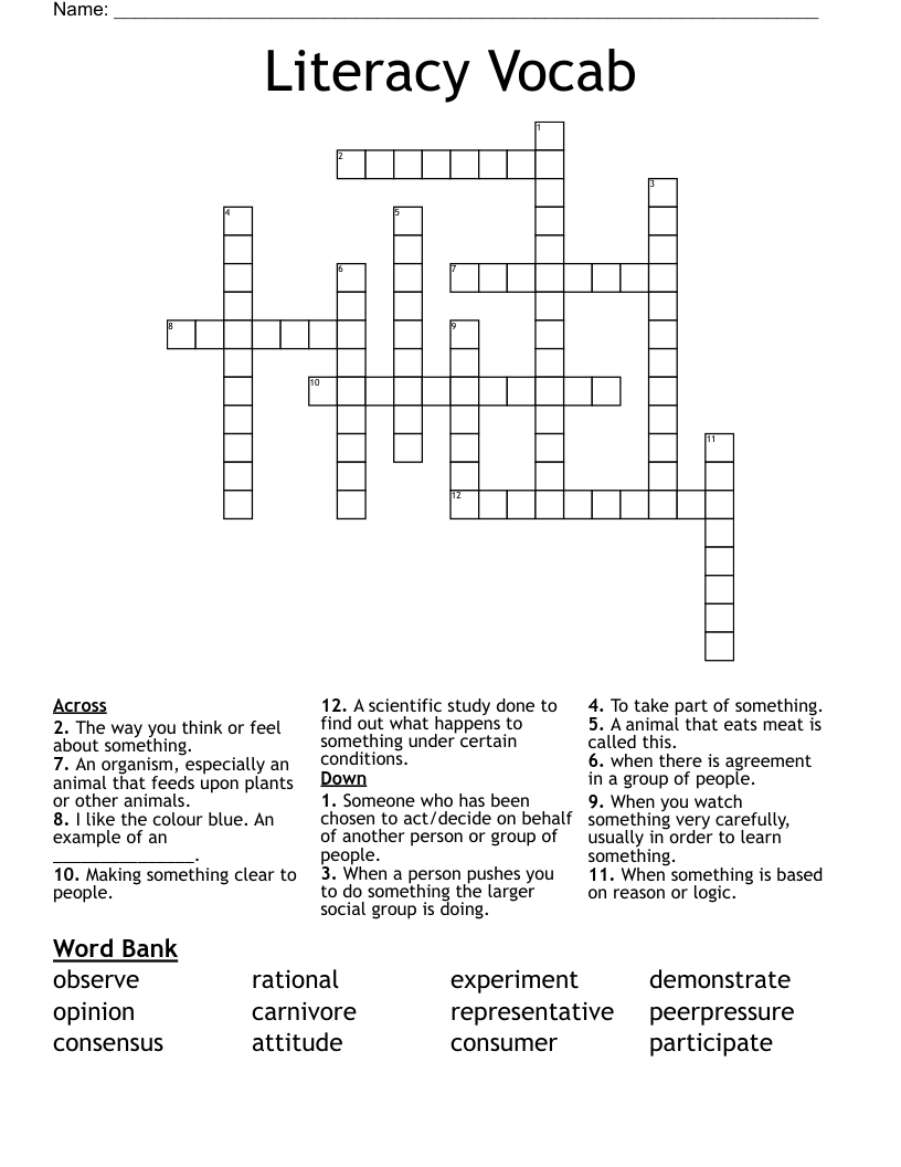 Literacy Vocab Crossword