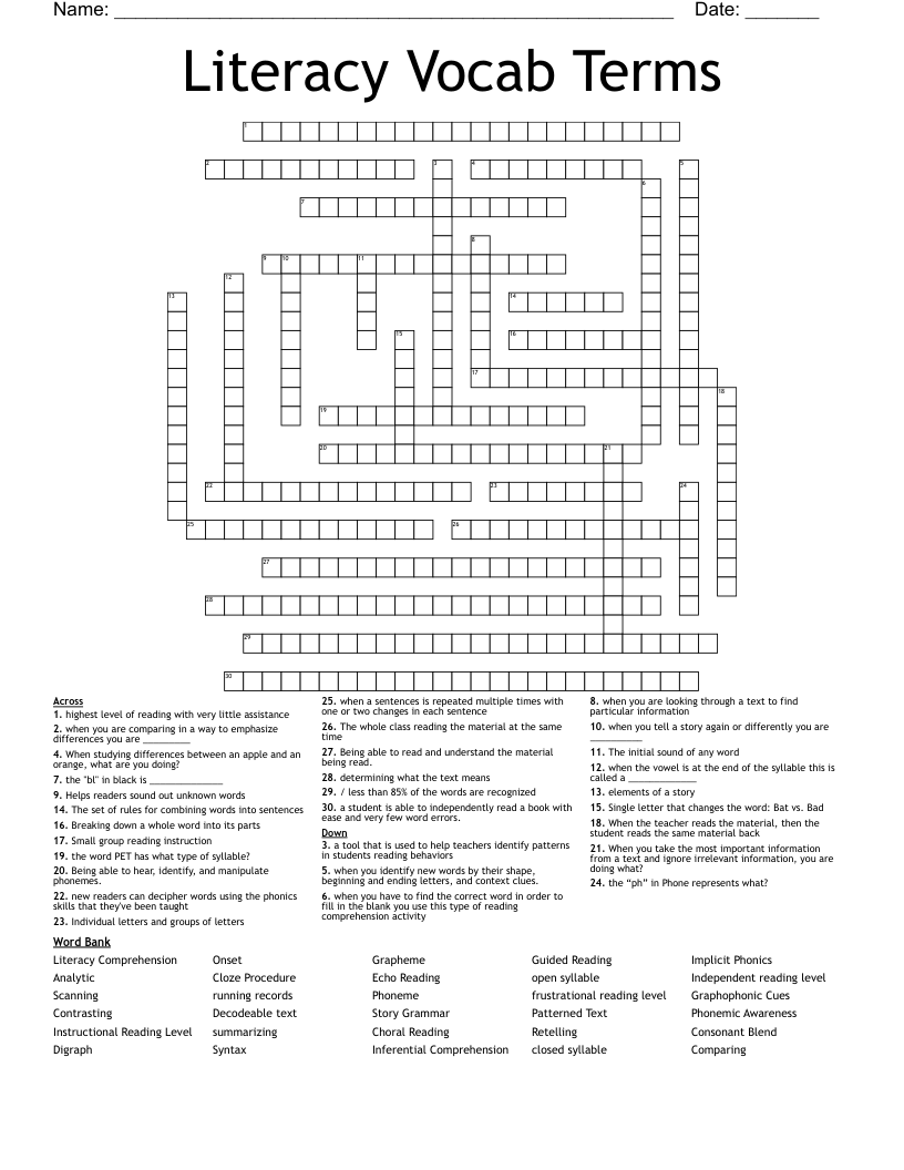 Literacy Vocab Terms Crossword