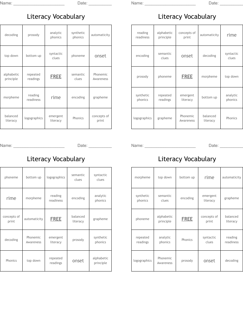 Literacy Vocabulary Bingo Cards