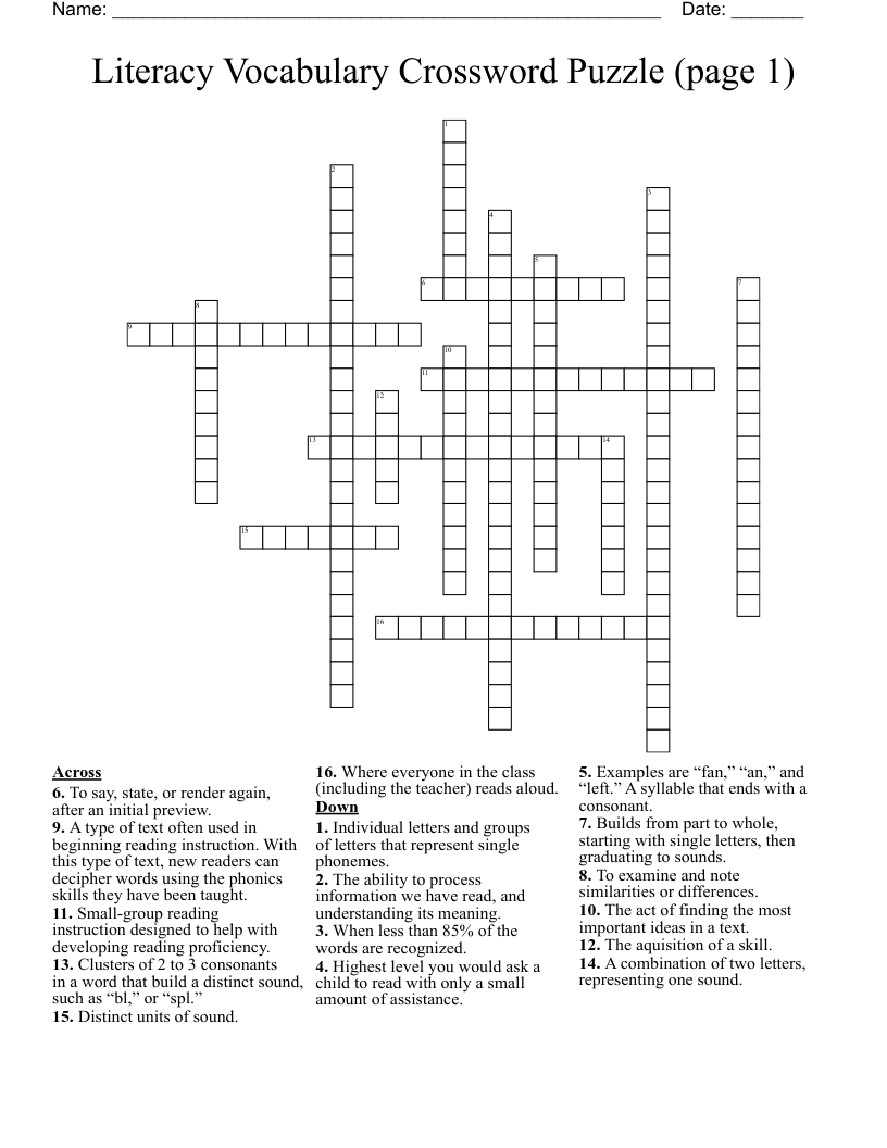 Literacy Vocabulary Crossword Puzzle (page 1)