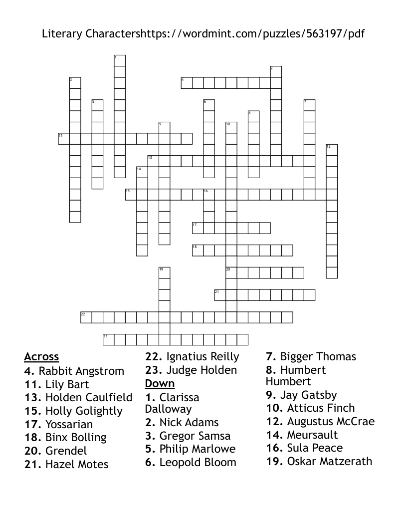 Literary Charactershttps://wordmint.com/puzzles/563197/pdf Crossword