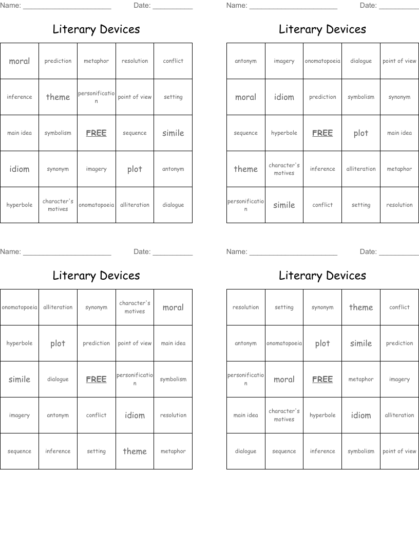 Literary Devices Bingo Cards