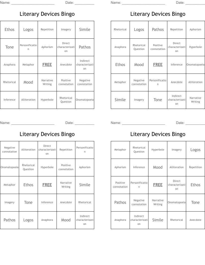 Literary Devices Bingo