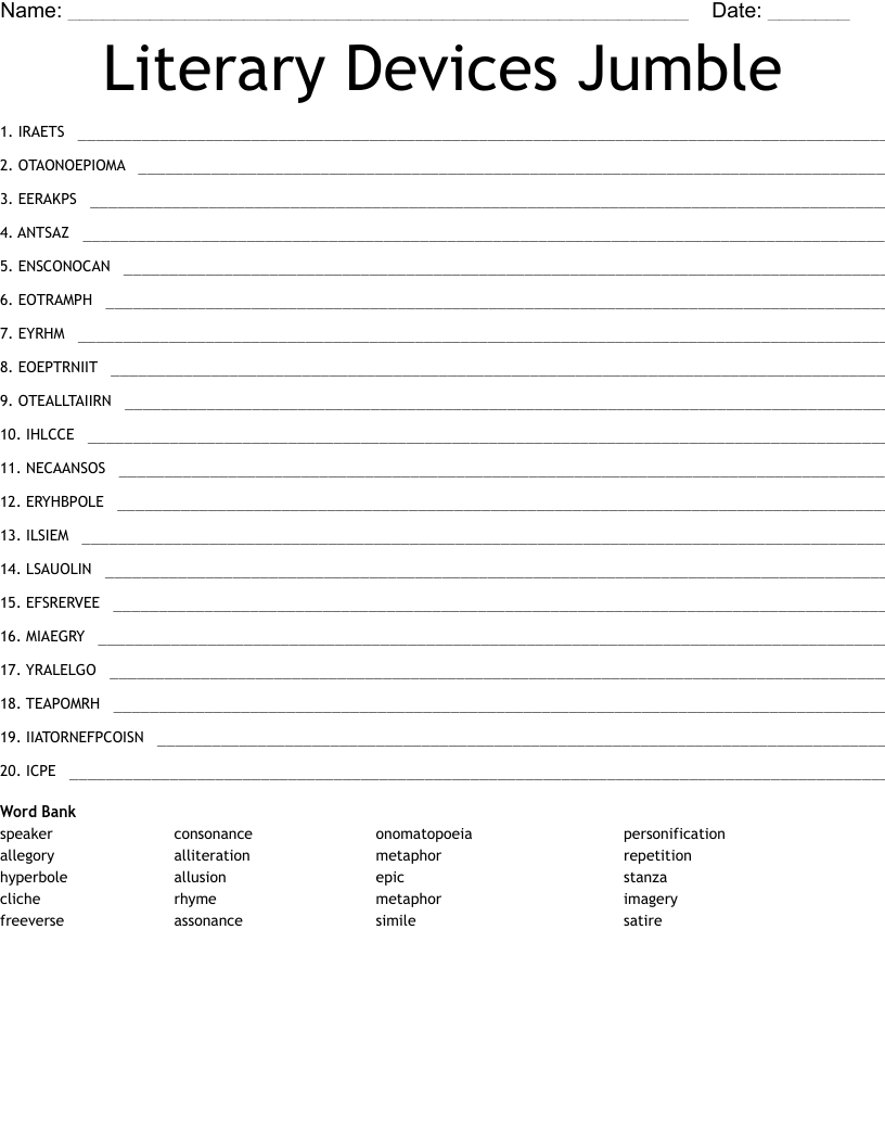 Literary Devices Jumble Word Scramble