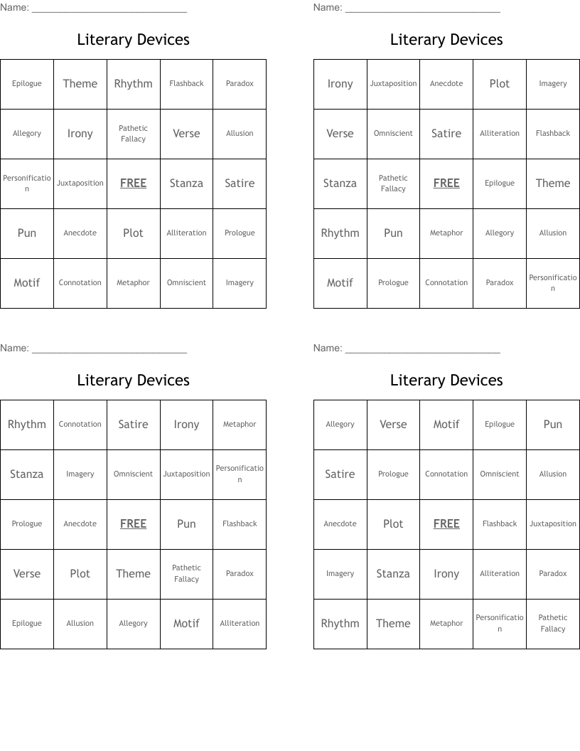 Literary Devices  Bingo Cards