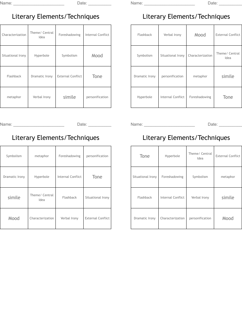 Literary Elements/Techniques Bingo Cards