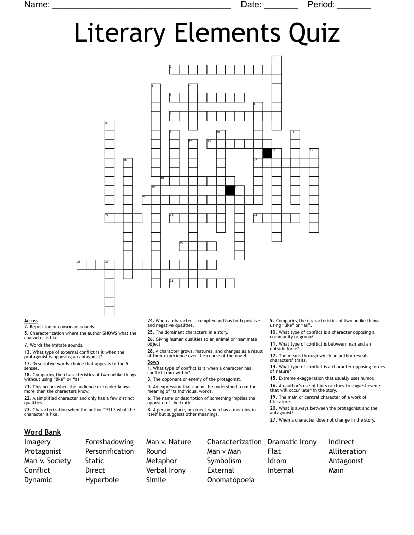 Literary Elements Quiz Crossword