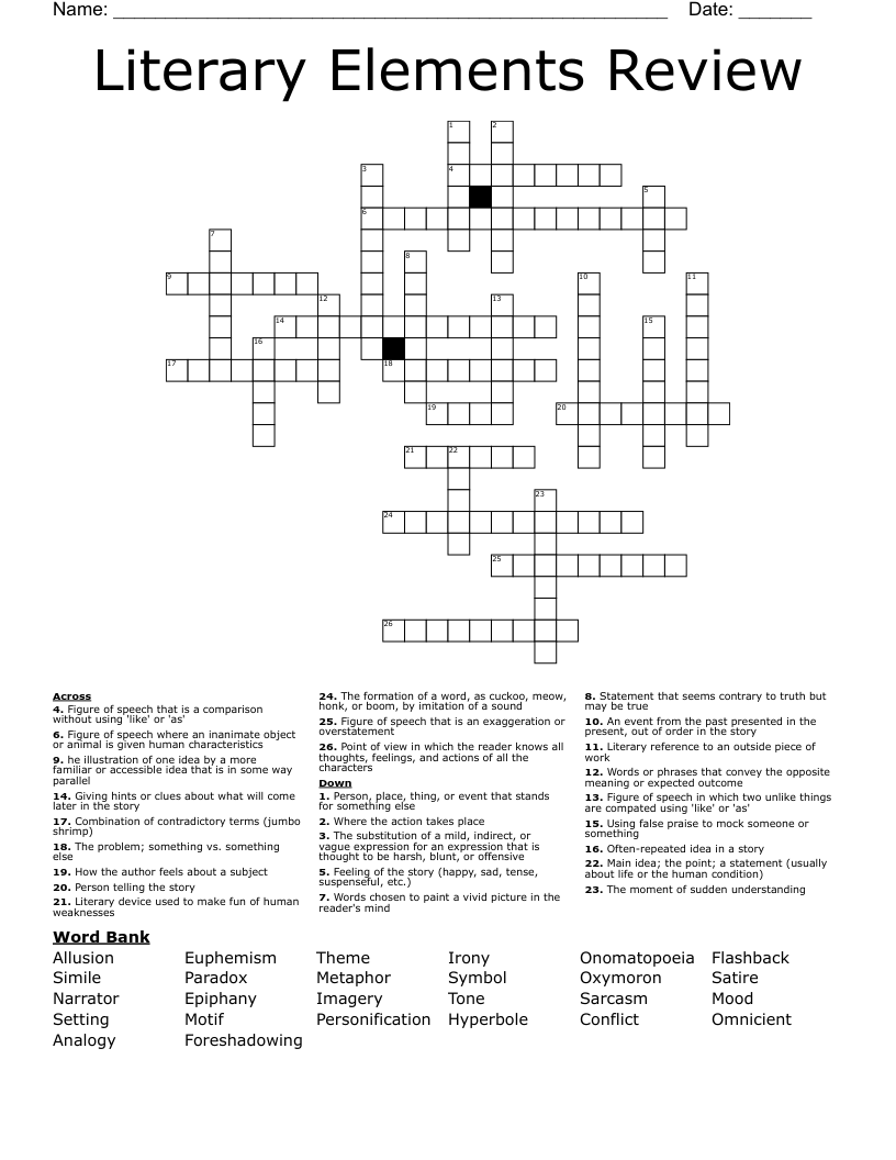 Literary Elements Review Crossword
