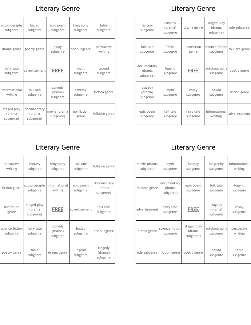 Literary Genre Bingo Cards