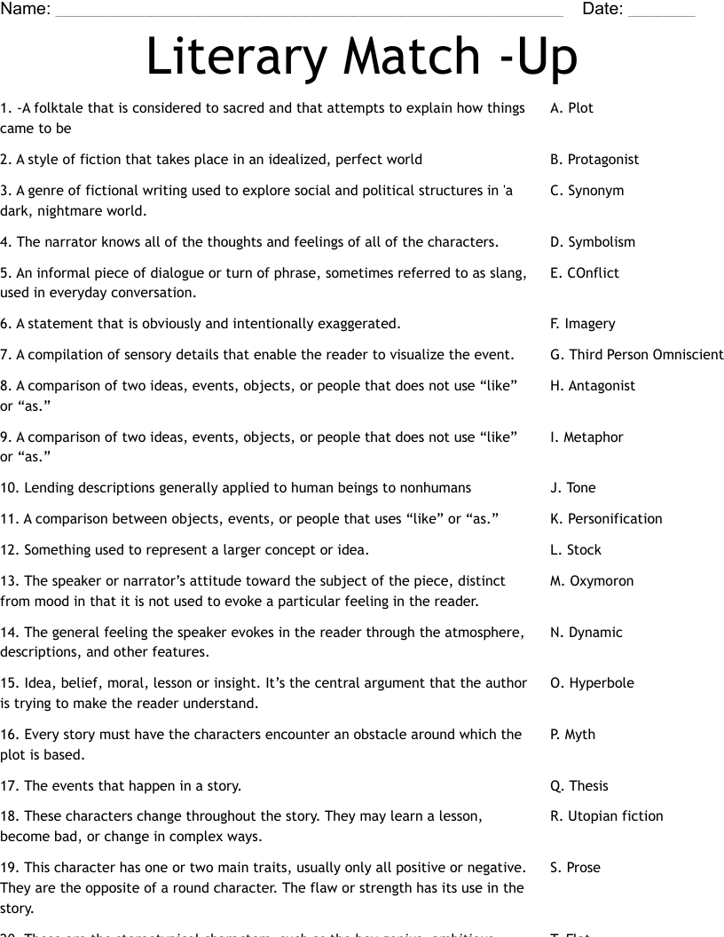 Literary Match -Up Worksheet