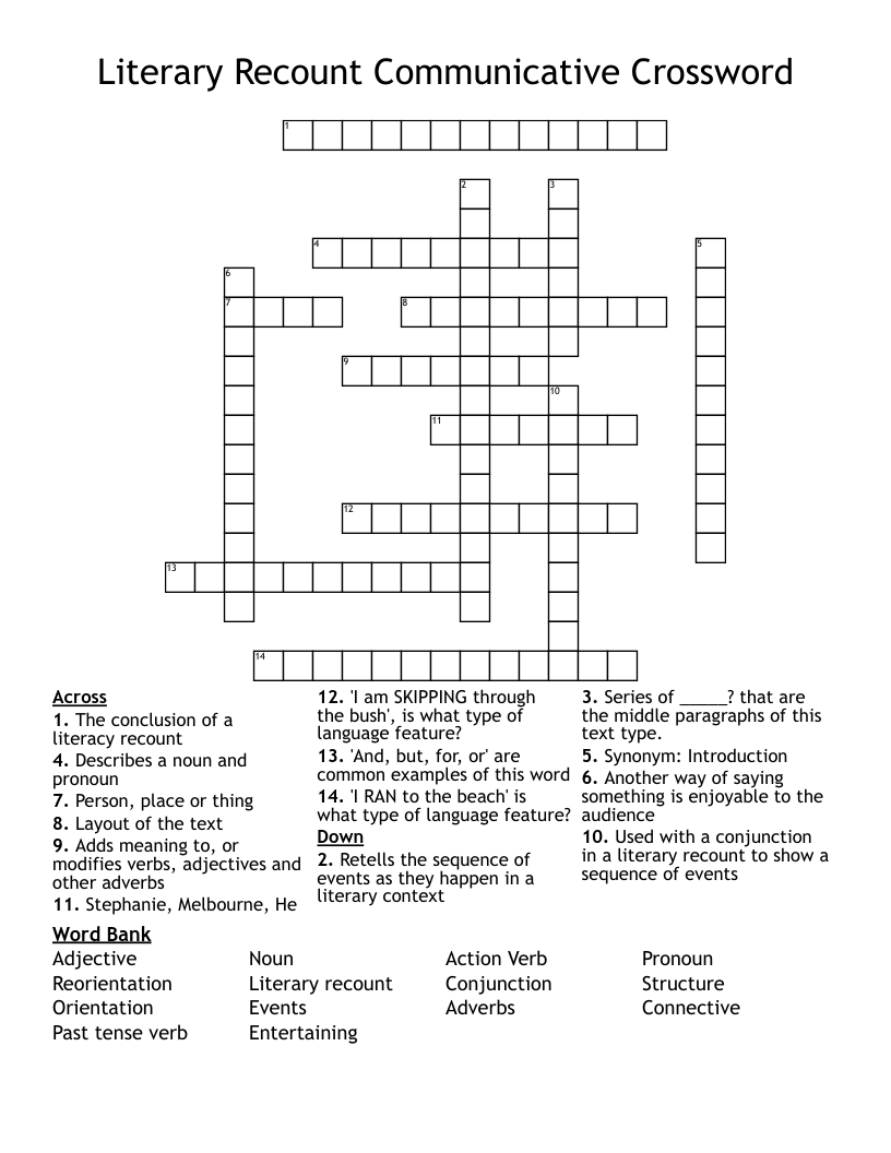 Literary Recount Communicative Crossword 