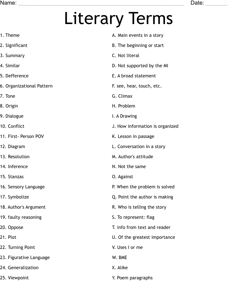 Literary Terms Worksheet
