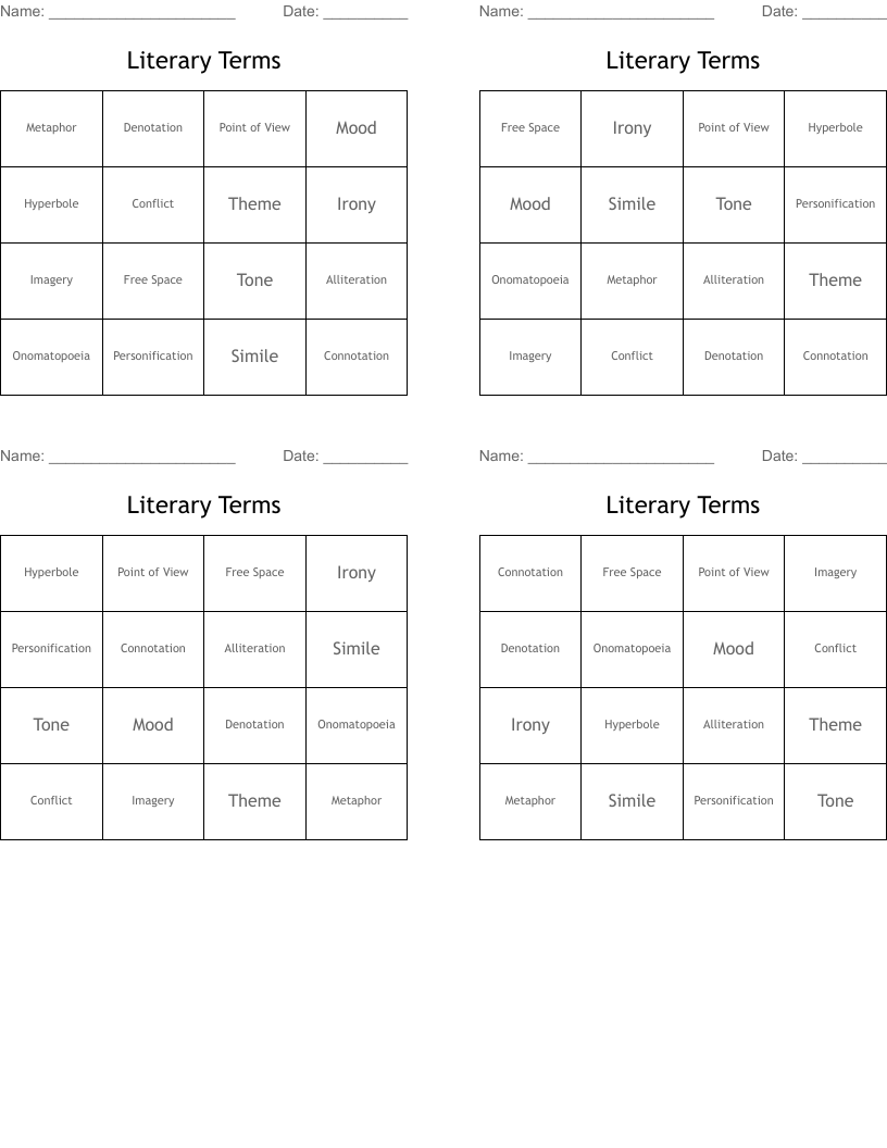 Literary Terms Bingo Cards
