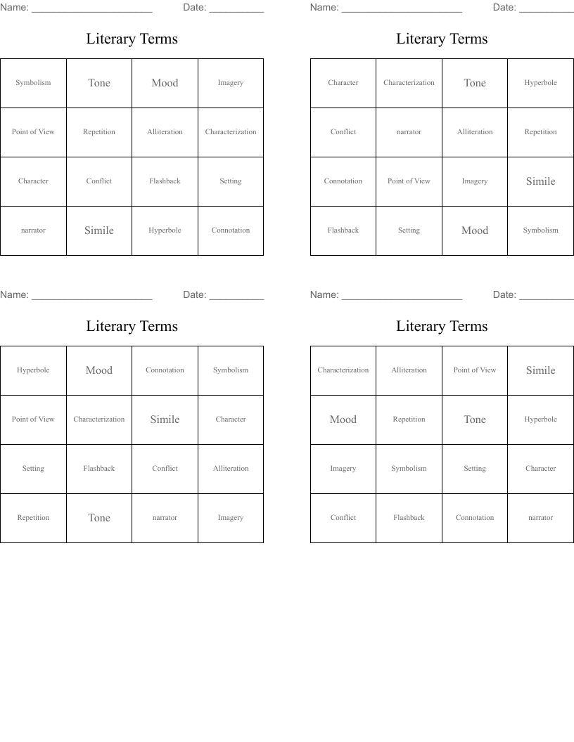 Literary Terms Bingo Cards