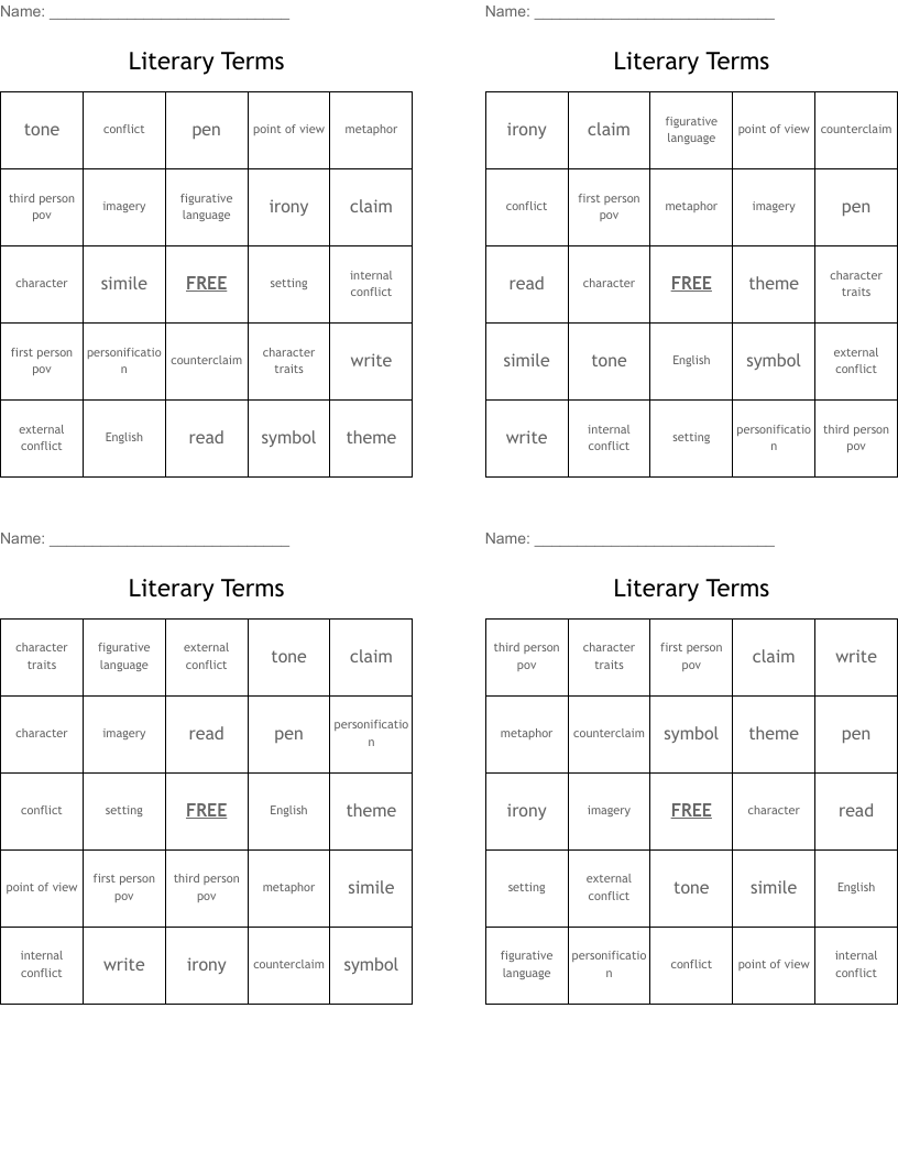 Literary Terms Bingo Cards