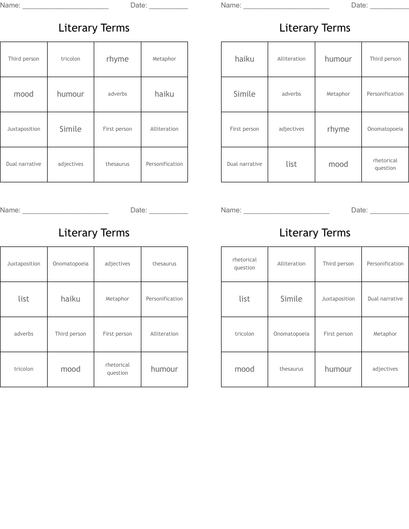 Literary Terms Bingo Cards