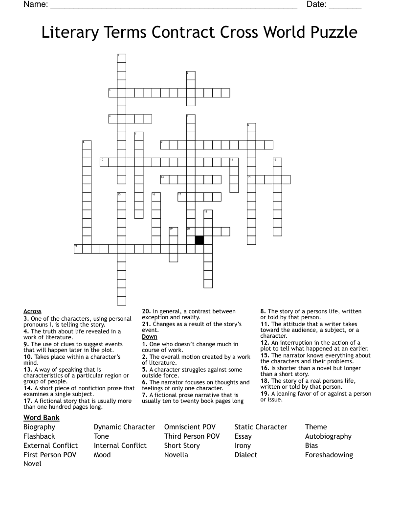 Literary Terms Contract Cross World Puzzle Crossword