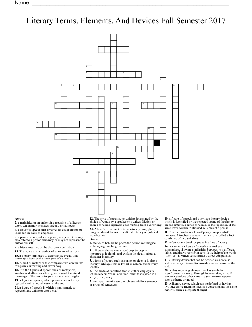 Literary Terms, Elements, And Devices Fall Semester 2017 Crossword