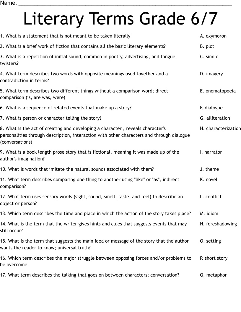 Literary Terms Grade 6/7 Worksheet