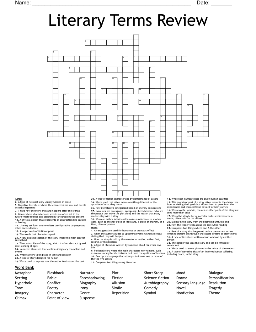 Literary Terms Review Crossword