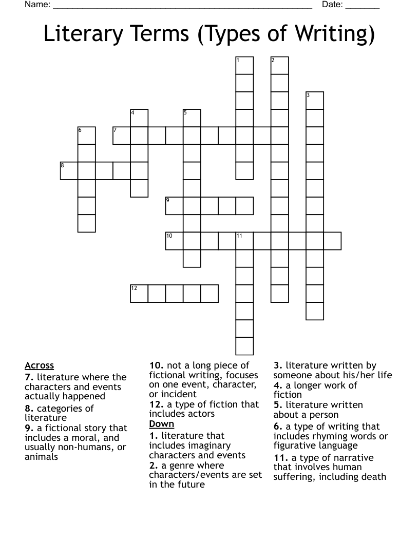Literary Terms (Types of Writing) Crossword