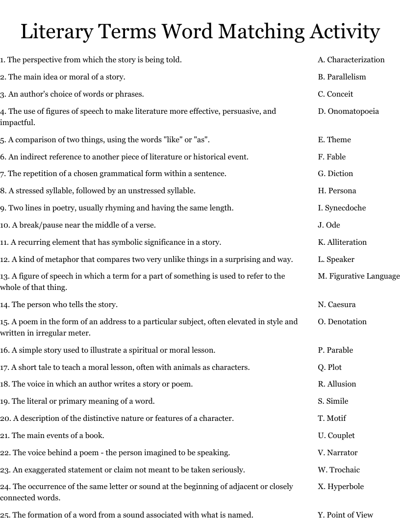 Literary Terms Word Matching Activity Worksheet