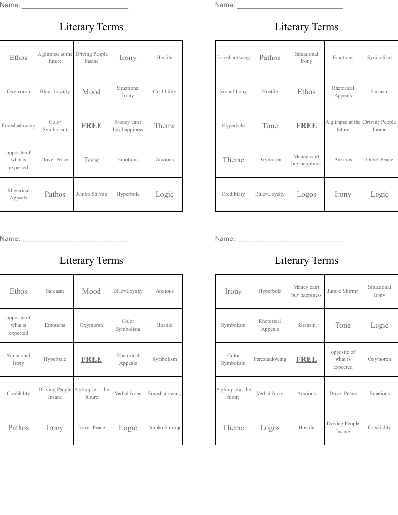 Literary Terms  Bingo Cards