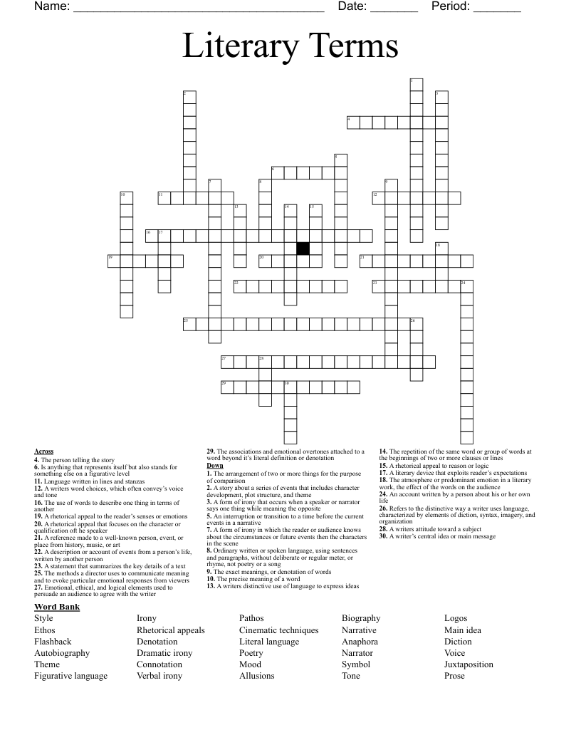 Literary Terms  Crossword