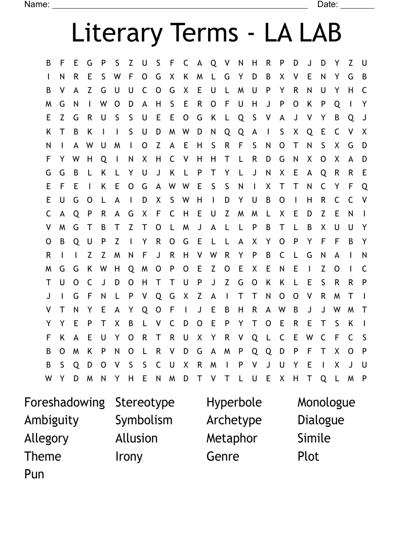 Literary Terms - LA LAB Word Search