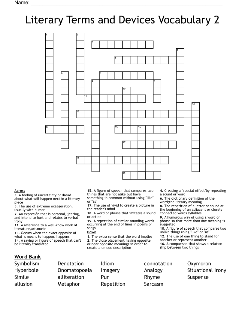 Literary Terms and Devices Vocabulary 2 Crossword