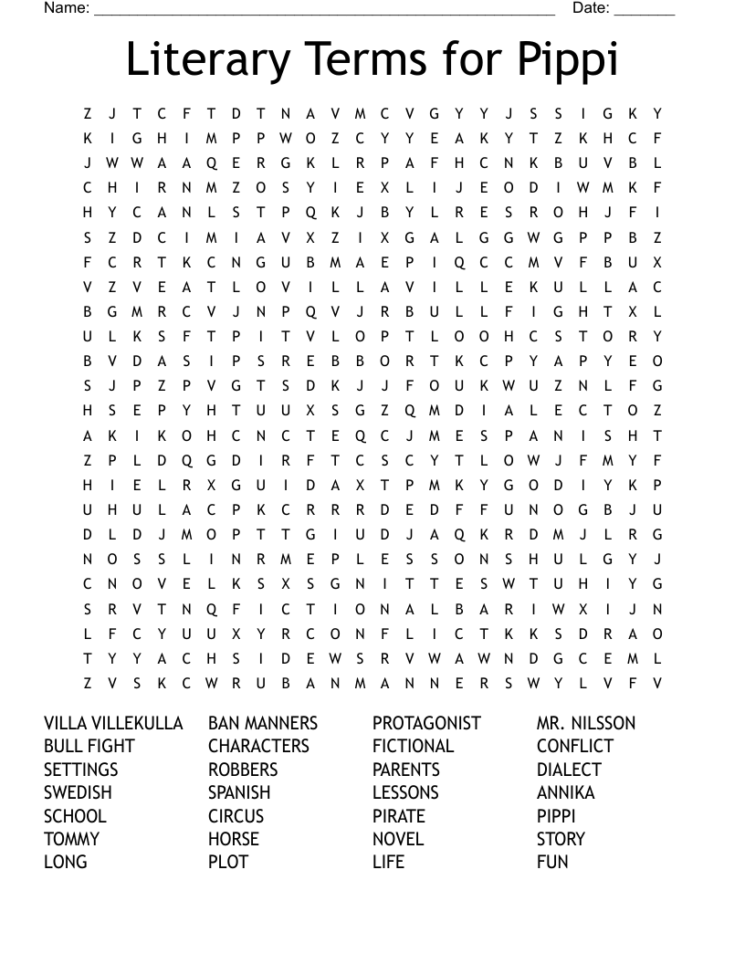 Literary Terms for Pippi Word Search