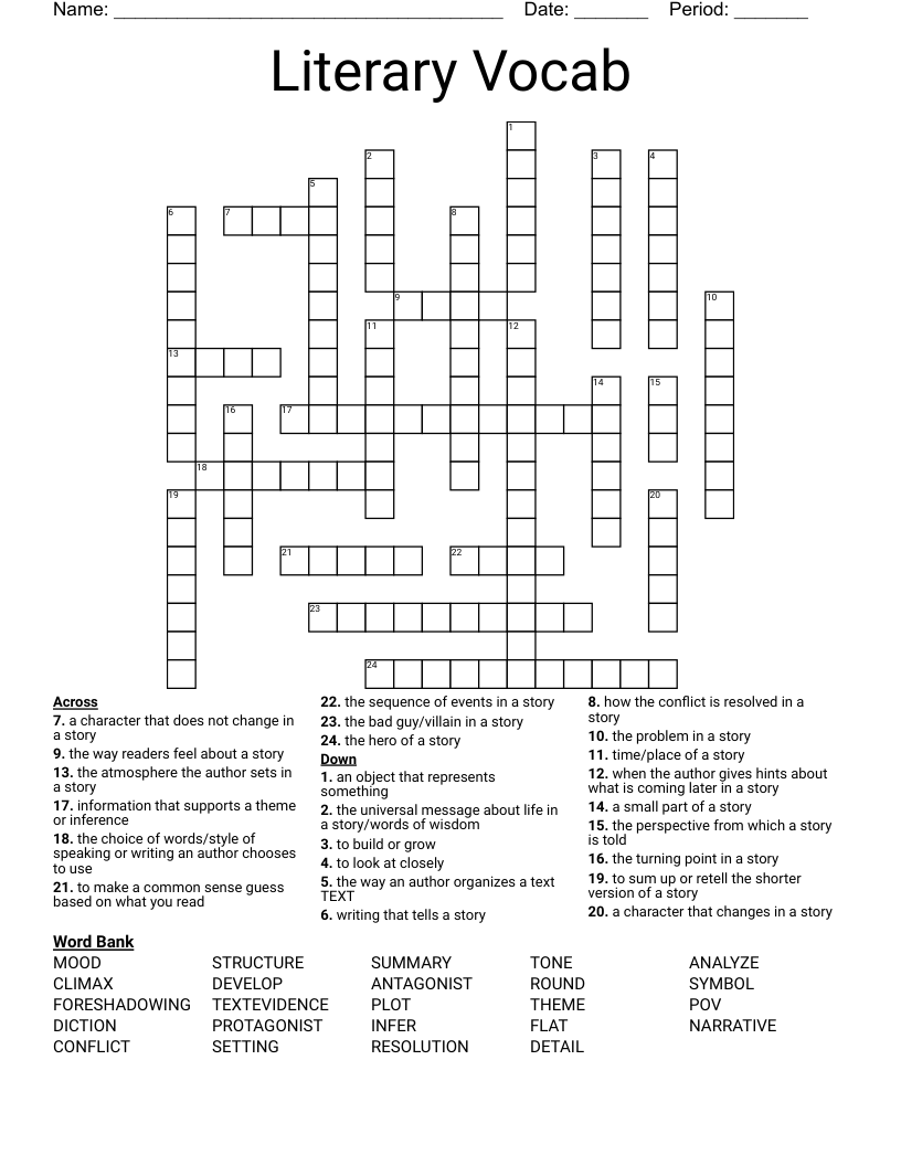 Literary Vocab Crossword
