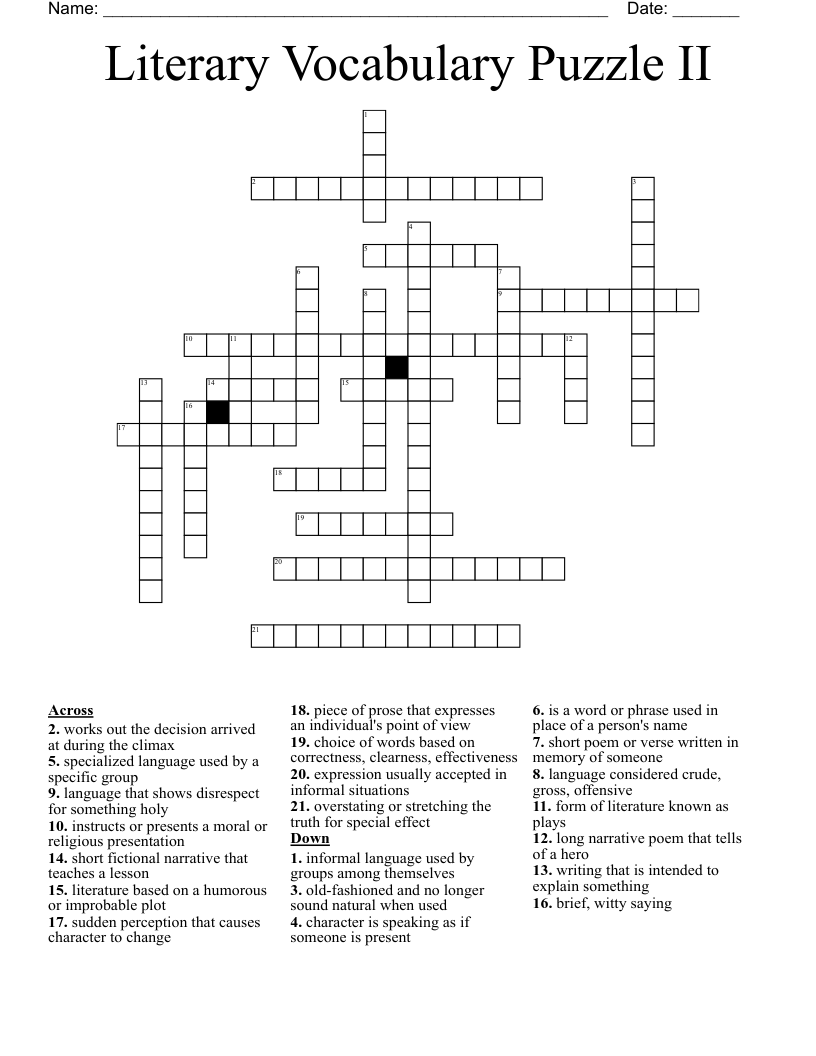 Literary Vocabulary Puzzle II Crossword