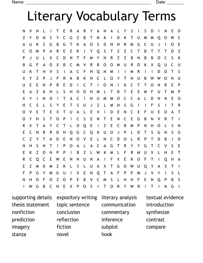 Literary Vocabulary Terms Word Search
