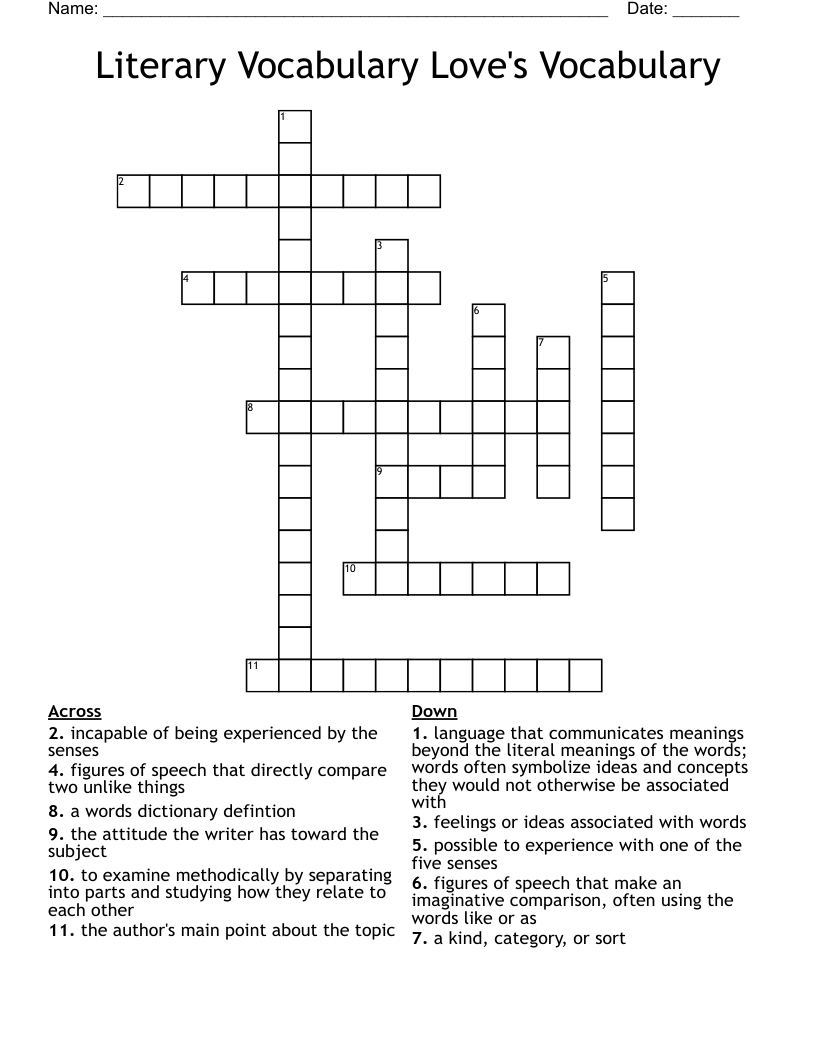 Literary Vocabulary   Love's Vocabulary Crossword