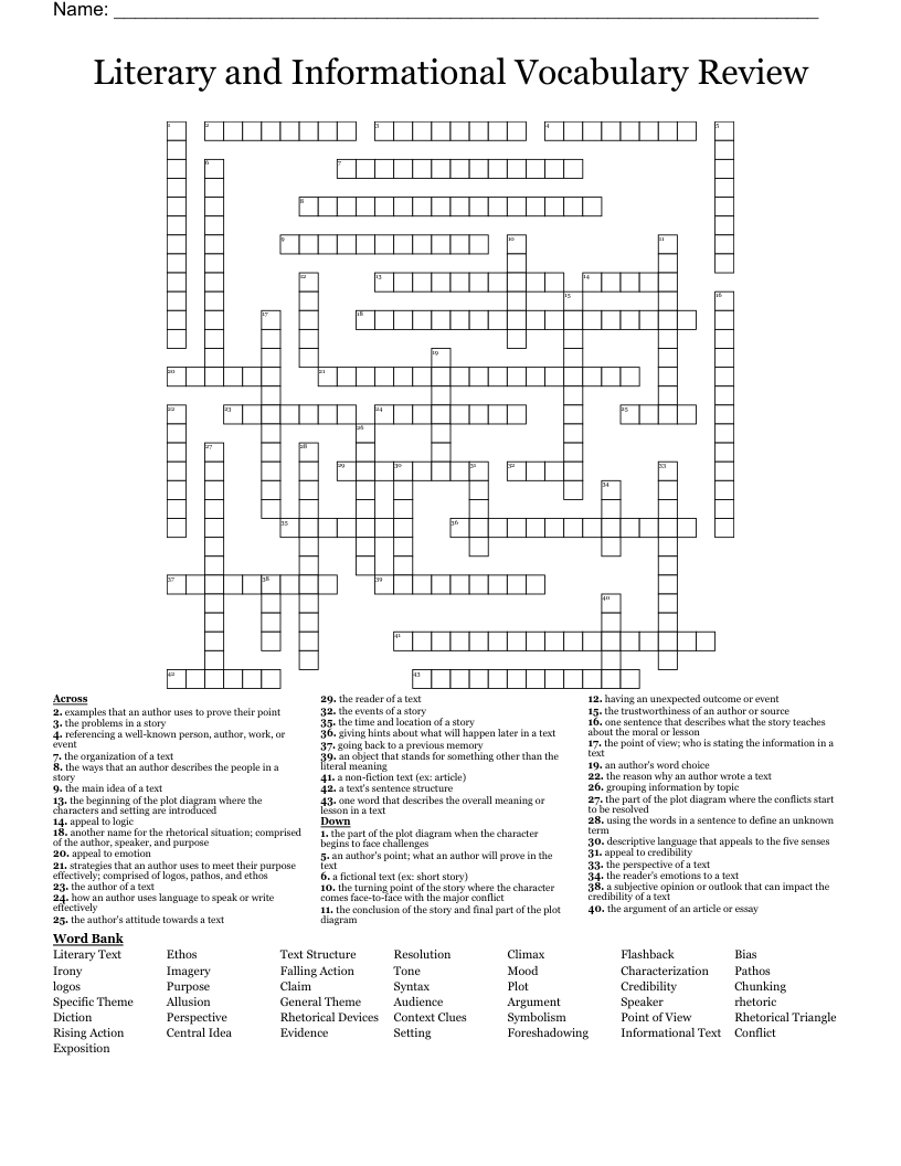 Literary and Informational Vocabulary Review Crossword