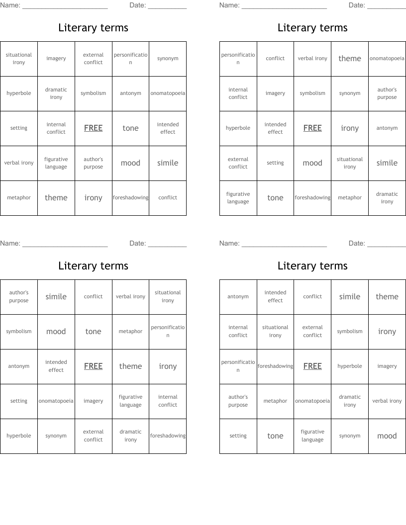 Literary terms Bingo Cards