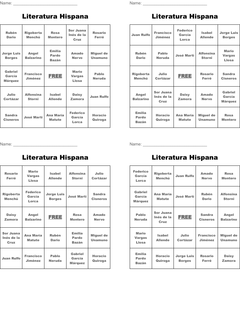 Literatura Hispana Bingo Cards