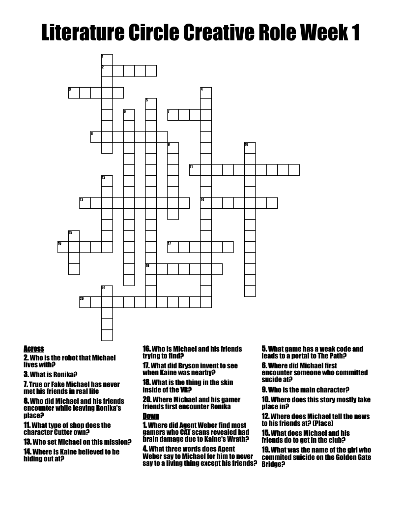Literature Circle Creative Role Week 1 Crossword