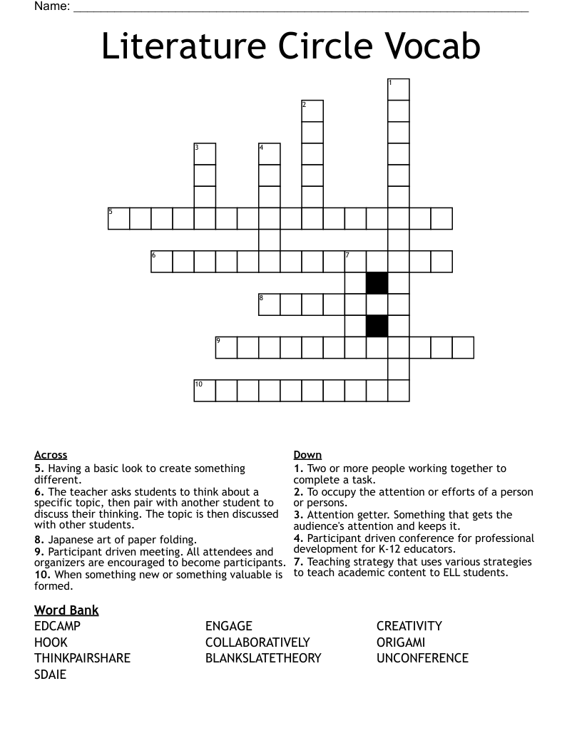 Literature Circle Vocab Crossword