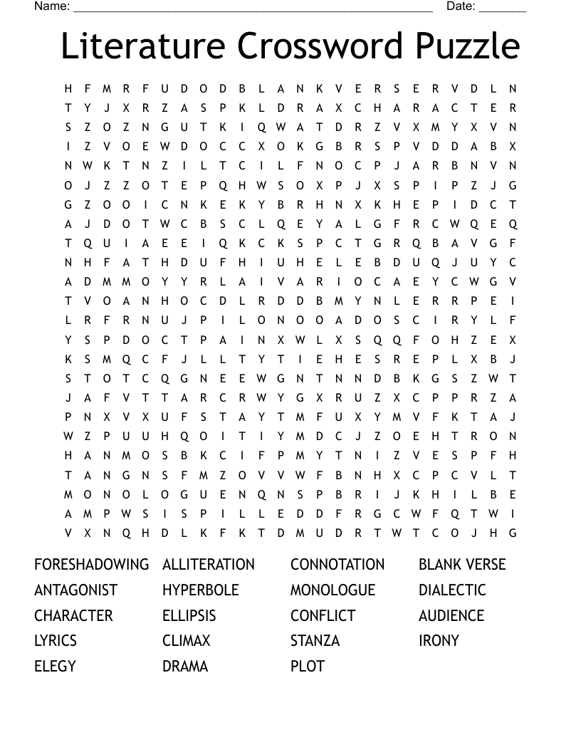 Literature Crossword Puzzle Word Search