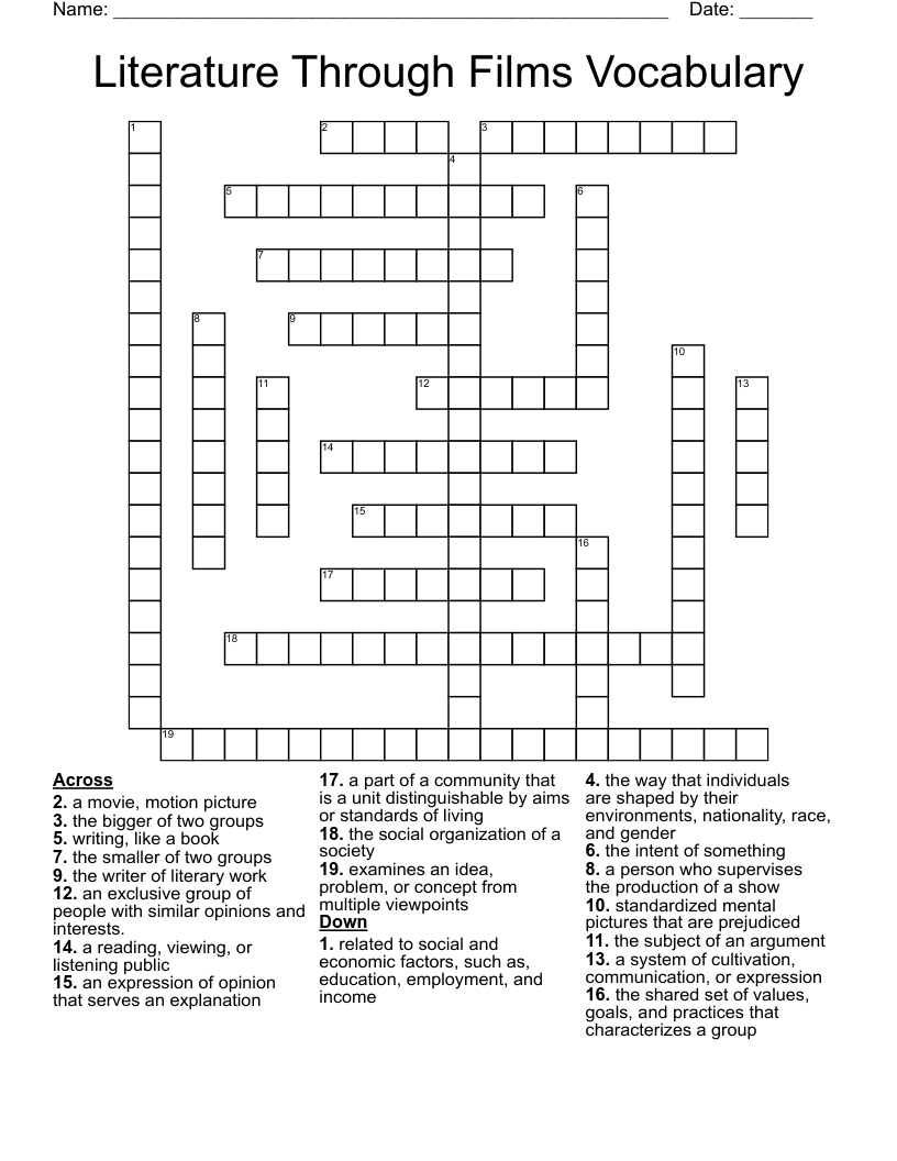 Literature Through Films Vocabulary Crossword