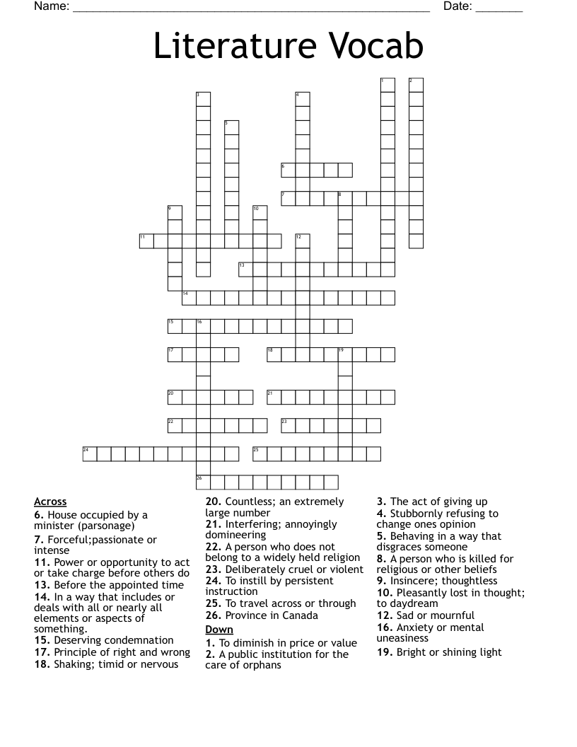Literature Vocab Crossword