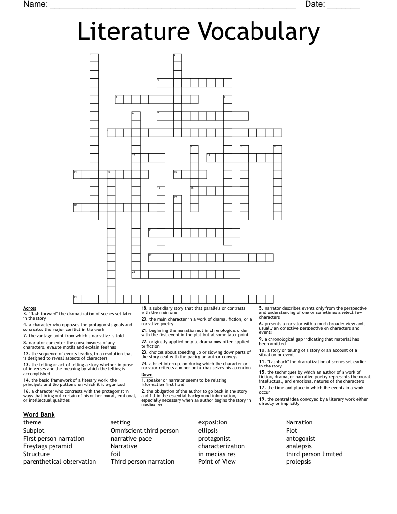 Literature Vocabulary Crossword
