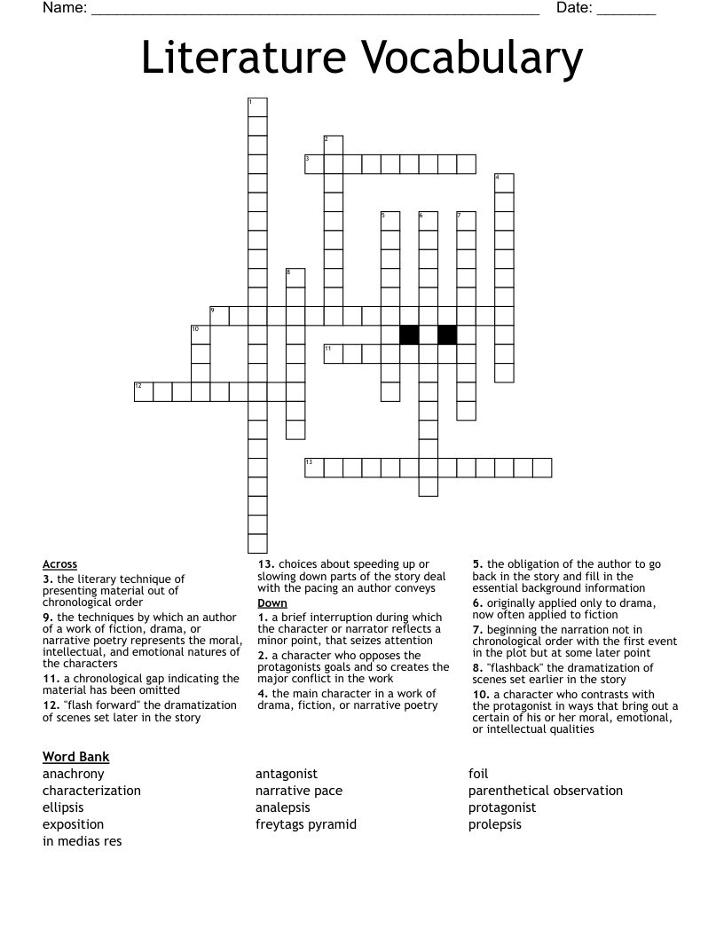 Literature Vocabulary Crossword